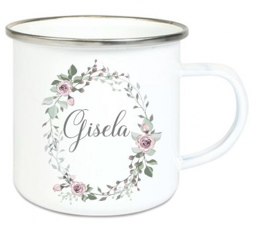 ♥ Tasse Emailletasse Kranz Rosenkranz Blätter Wunschname, Dankeschön, Abschied, Jubiläum, Geschenk, Becher von Lüttentüddel